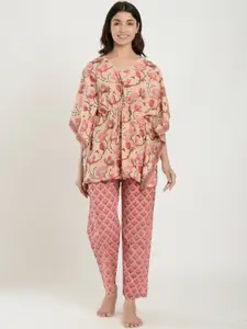 Ikk Kudi by Seerat Women Peach-Coloured & Pink Printed Pure Cotton Kaftan Night suit