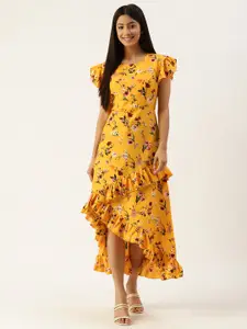 Kushi Flyer Mustard Yellow Floral Crepe A-Line Midi Dress
