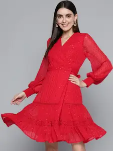 Femella Women Red Woven Design Wrap Mini Dress