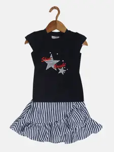 Peppermint Girls Navy Blue & White Printed Top with Skirt