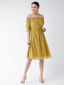 Miss Chase Yellow Floral Off-Shoulder Georgette Dress