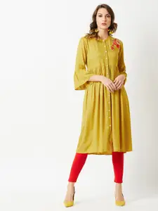 Miss Chase Mustard Yellow & Red Embroidered Shirt Dress