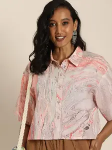 Taavi Grey & Pink Hand Dyed Marbling Pure Cotton Shirt Style Top