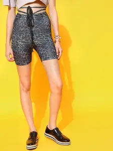 STREET 9 Women Black Printed Skinny Fit High-Rise Cycling Shorts