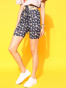 STREET 9 Women Black Floral Printed Skinny Fit High-Rise Cycling Shorts