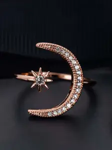 UNIVERSITY TRENDZ Rose Gold-Plated White CZ-Studded Star & Moon Charm Open Finger Ring