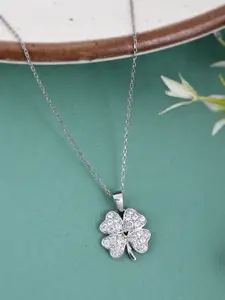 Studio Voylla 925 Sterling Silver American Diamond CZ Clover Flower Pendant with Chain