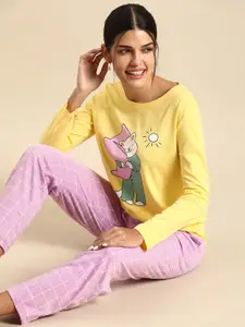 Dreamz by Pantaloons Women Yellow & Pink Printed Night suit