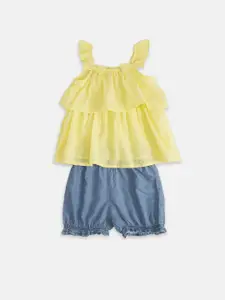 Pantaloons Baby Girls Solid Pure Cotton Yellow & Blue Top with Shorts