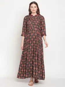Be Indi Women Grey & Maroon Printed Maxi Dress