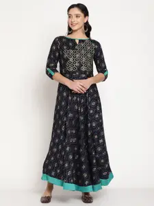 Be Indi Navy Blue Floral Keyhole Neck Ethnic Maxi Dress