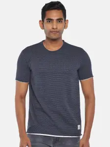 People Men Navy Blue Self Design T-shirt