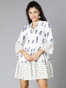 Oxolloxo White & Blue Floral Crepe A-Line Dress