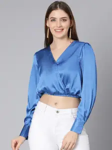 Oxolloxo Women Blue Solid Satin Crop Wrap Top