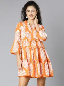 Oxolloxo Women Rust & White Floral Crepe A-Line Dress