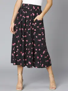 Oxolloxo Women Black & Pink Floral Printed A-Line Skirt