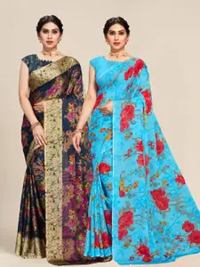 MS RETAIL Set Of 2 Blue & Red Floral Saree
