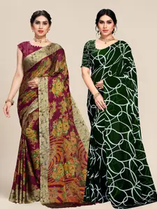 MS RETAIL Set Of 2 Purple & Green Floral Sarees