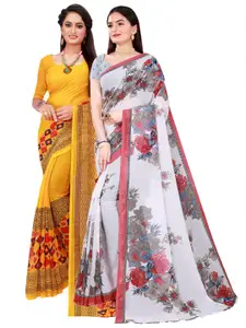 SAADHVI Women Pack of 2 Yellow & White Floral Pure Georgette Saree