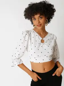 Campus Sutra Women White Printed Puff Sleeves Crop Top