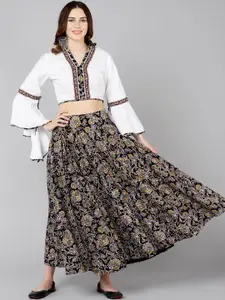 ZNX Clothing Women White & Brown Printed Pure Cotton Crop Top with Skirt