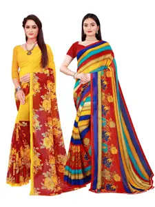 SAADHVI Pack Of 2 Yellow & Red Floral Pure Georgette Saree
