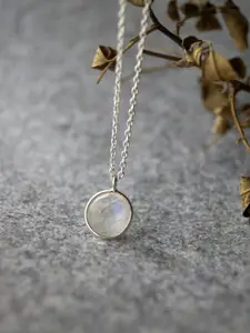 MANNASH Silver-Toned & White Rainbow Moon Stone Coin 925 Sterling Silver Pendant Necklace