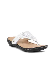Hush Puppies Women White T-Strap Flats with Laser Cuts