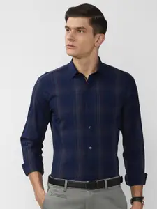 V Dot Men Navy Blue Slim Fit Checked Casual Shirt