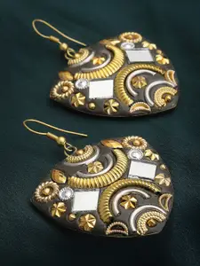 PANASH Women Gold-Toned Mirror Work & Black Contemporary Drop Earrings