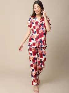 Claura Women Red & Blue Printed Night Suit