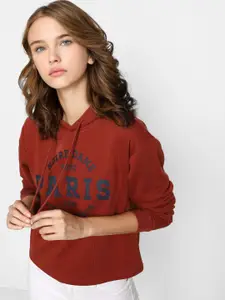 ONLY Women Brown Typography Printed Hooded Sweatshirt