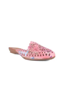 FABBMATE Women Pink Printed Ethnic Mojaris with Laser Cuts Flats