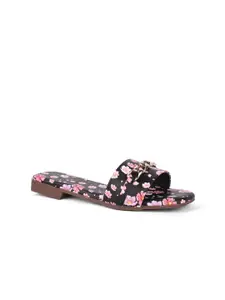 FABBMATE Women Black Floral Printed Open Toe Flats