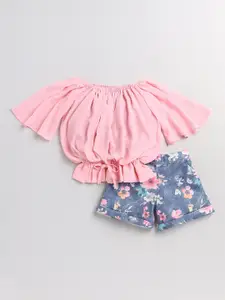 Nottie Planet Girls Pink & Blue Floral Printed Top with Shorts