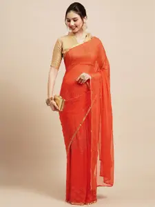 Saree mall Orange & Gold-Toned Embellished Beads and Stones Saree