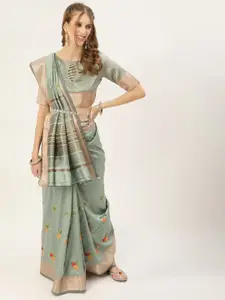 SERONA FABRICS Turquoise Blue & Yellow Floral Embroidered Silk Cotton Saree