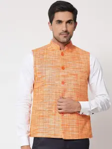Vastraa Fusion Men Orange Woven Design Handloom Nehru Jacket