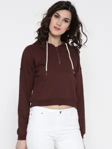 Roadster Women Burgundy Solid Hooded Crop Sweatshirt