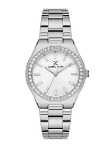 Daniel Klein Women Silver-Toned Embellished Dial & Silver Toned Stainless Steel Bracelet Style Straps Watch DK 1 13040-1