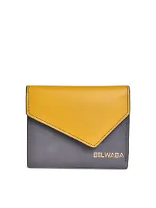 Belwaba Women Grey & Yellow Colourblocked PU Three Fold Wallet