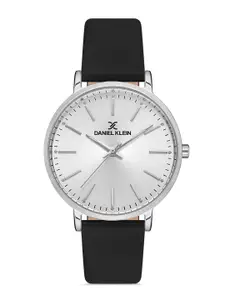 Daniel Klein Women Silver-Toned Embellished Dial & Black Leather Straps Analogue Watch