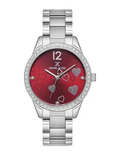 Daniel Klein Women Red Embellished Dial & Silver Toned Stainless Steel Bracelet Style Straps Analogue Watch