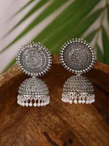 Shining Diva Silver-Toned & White Classic Jhumkas Earrings