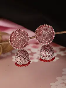 Shining Diva Women Red & Silver-Toned Dome Shaped Jhumkas Earrings