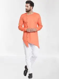 RG DESIGNERS Men Peach-Coloured Angrakha Pure Cotton Kurta with Churidar