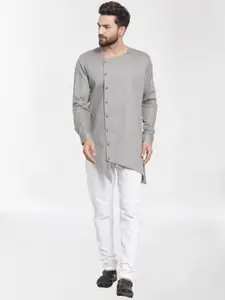 RG DESIGNERS Men Grey Angrakha Pure Cotton Kurta with Pyjamas