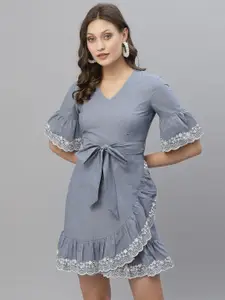 KASSUALLY Women Blue Self Design Ruffled Dress
