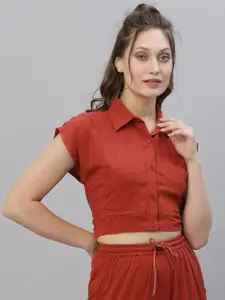KASSUALLY Women Rust Solid Crop Boxy Casual Shirt