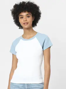 ONLY Women White & Blue Colourblocked T-shirt